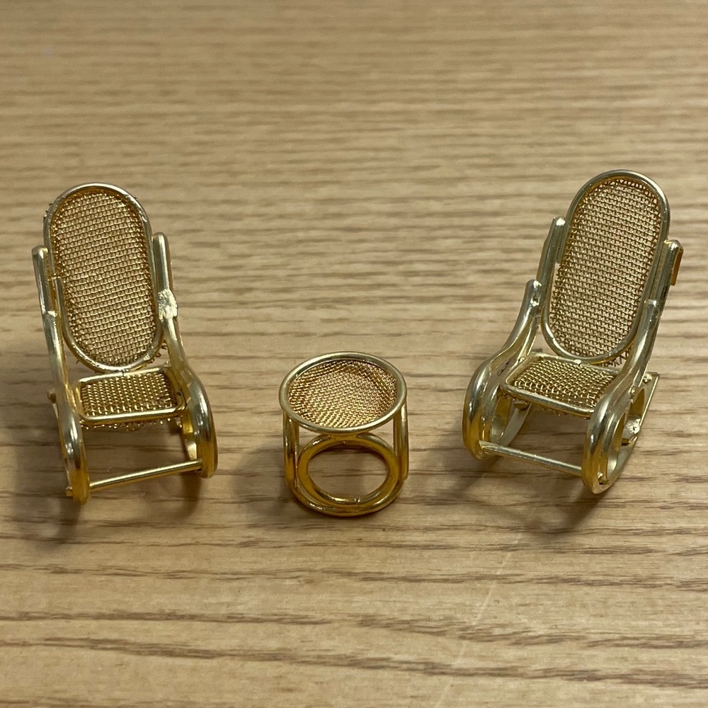 Vintage Dollhouse Miniature Furniture 2  Rocking Chairs & Table Gold Brass Tone